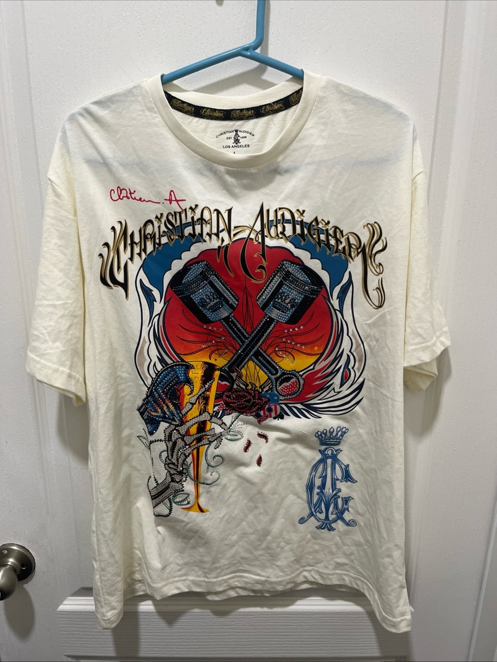 Christian Audigier Cream Graphic Tee with Red, Blue, Yellow Artwork